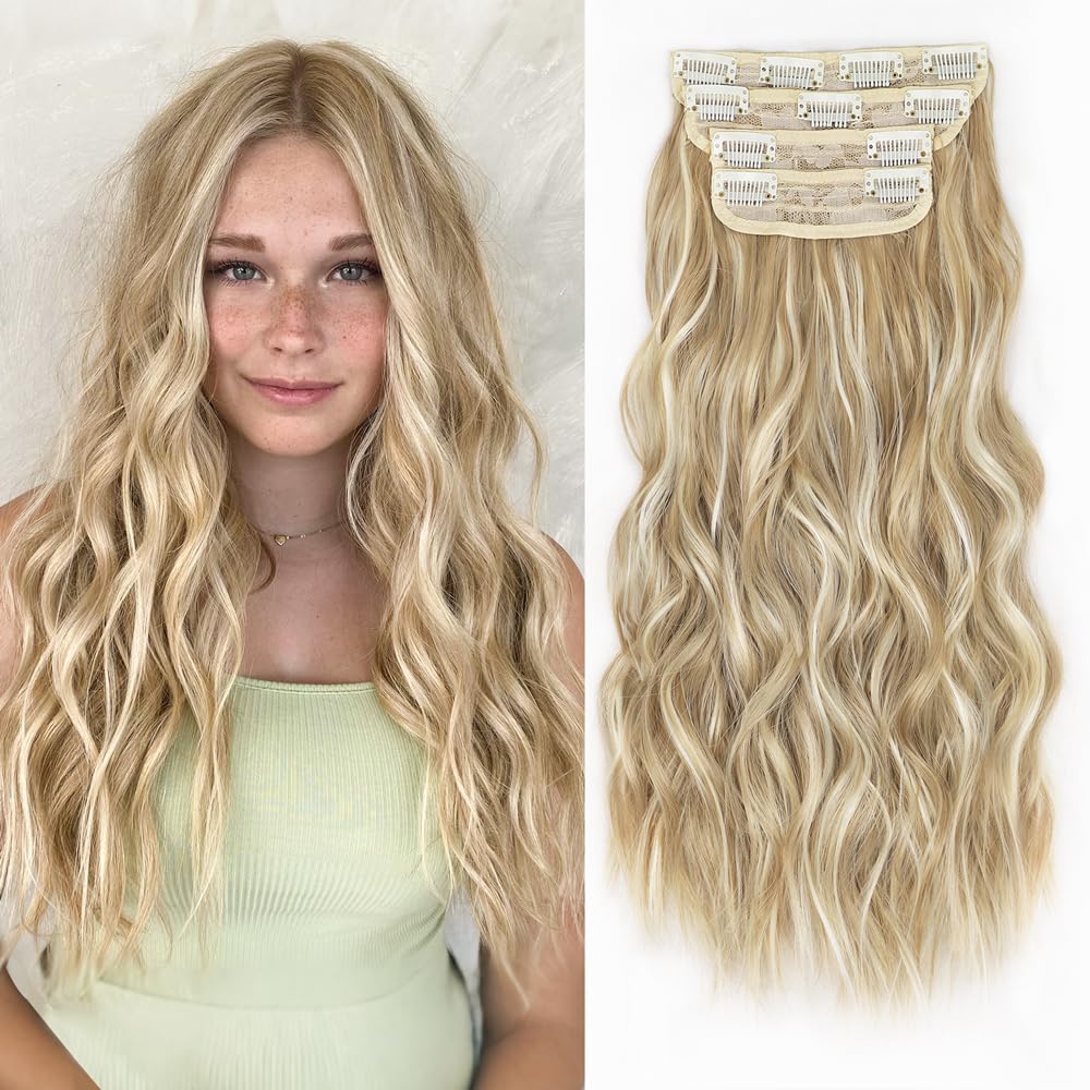 ALXNAN Clip in Long Wavy Synthetic Hair Extension 16 Inch Beach Blonde 4PCS Thick Hairpieces Fiber Double Weft Hair for Women