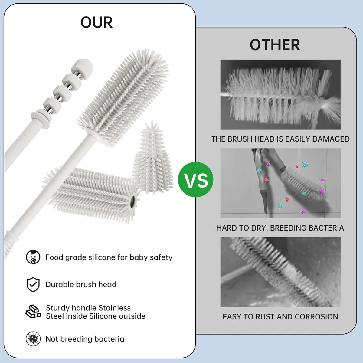Baby Bottle Brush and Straw Cleaner Brush Set, Extra Long Double-Ended Soft Silicone Brush Cleaner for Baby Bottles, Water Bottles, Cups, Breast Pumps, Detachable & Hangable