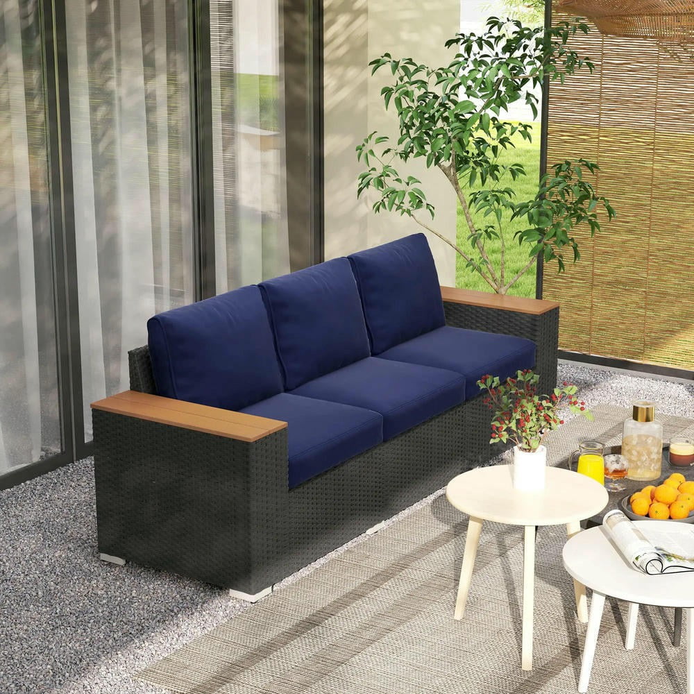 Barara King Patio Outdoor Sofa,3-Seat Outdoor Patio Sofa with Cushions, PE Rattan Wicker Sofa with Wide Armrests, Outdoor Wicker Couch, Navy Blue