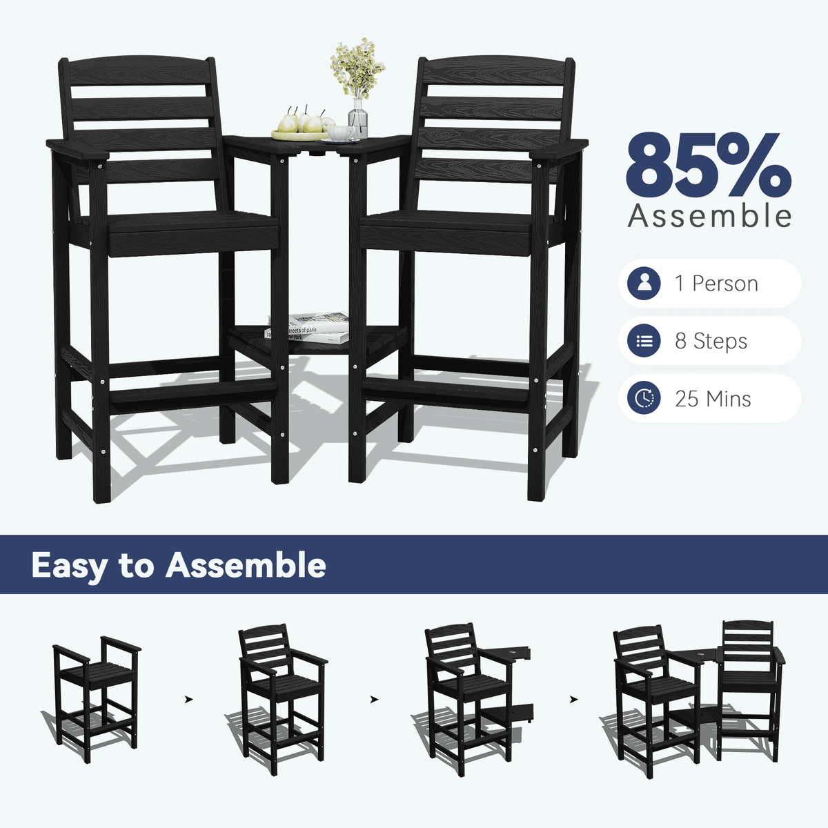 JUSTLET Tall Adirondack Chair Set of 2 with Double Connecting Tray, HDPE Outdoor Weather Resistant Patio Bar Stools for Patio, Balcony, Porch, Black