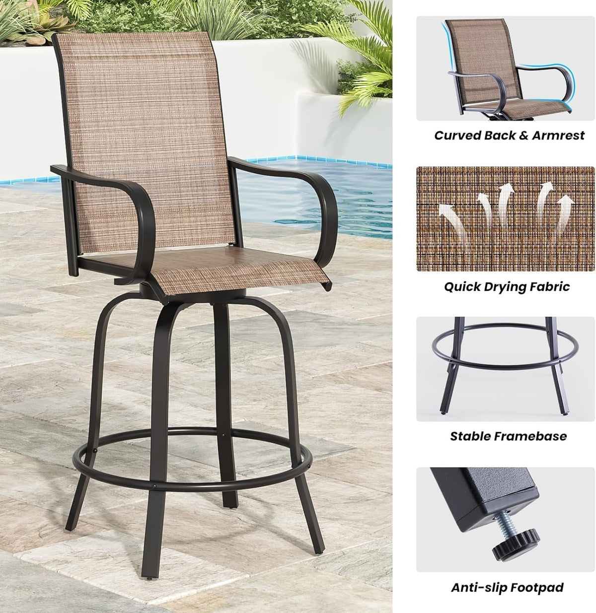 STARY Outdoor Bar Stools Set of 2, Swivel Patio Barstools with Textile Fabric,Ergonomic Comfort Bar Height Tall Outdoor Stools for Balcony,Brown