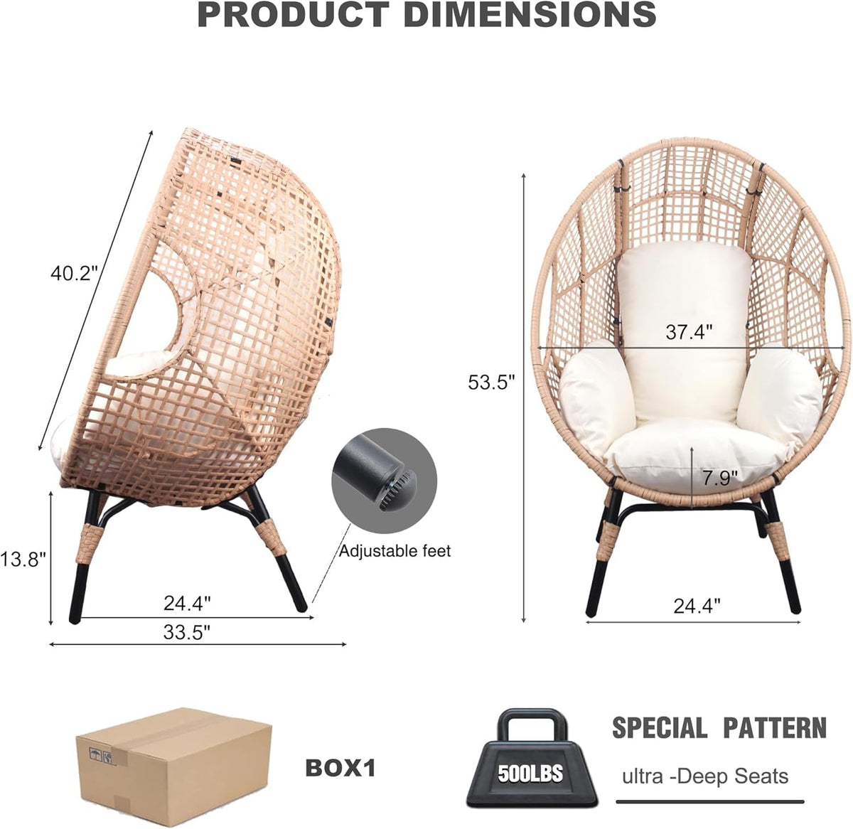 CHINNLUU Oversized Egg Chair with Thick Cushion Ergonomic Wicker Lounge Chair for Living Room, Balcony - 500lbs Capacity Indoor/Outdoor Rattan Patio Chair(Beige)