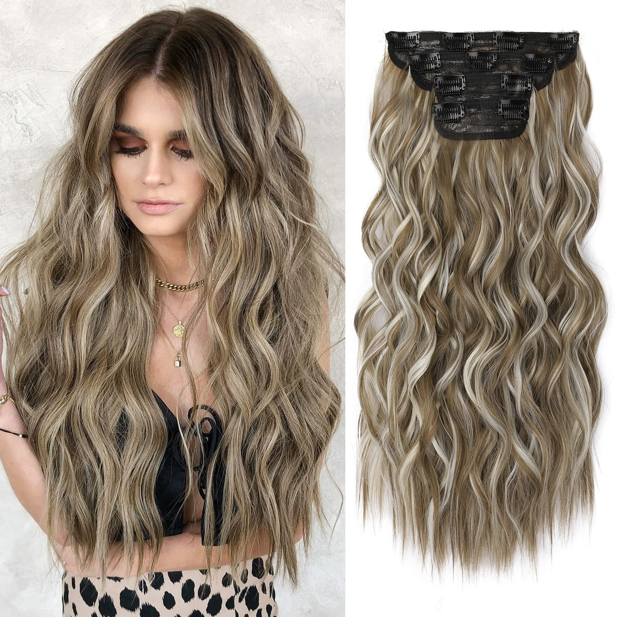REECHO Hair Extensions, 4PCS Clip in Hair Extensions HE001 Natural Soft Synthetic Hairpieces for Women, Light Brown with Highlights