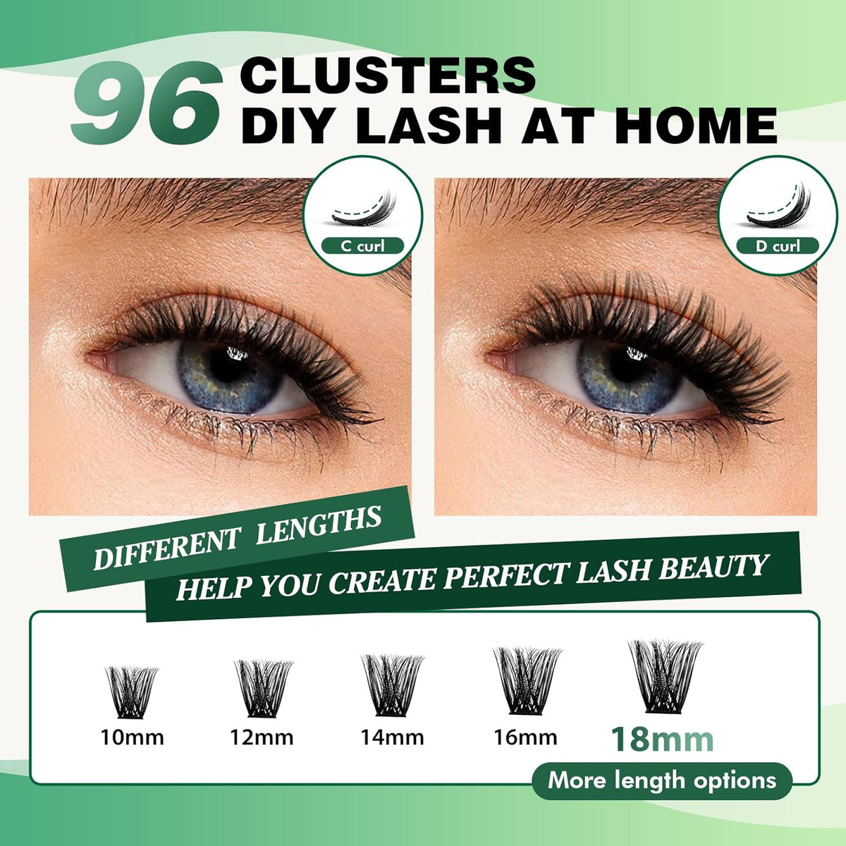 Lash Clusters 96pcs Individual Lashes D Curl 10mm Cluster Lashes KEYYOU Volume Wispy Lash Extension Soft&Comfortable Easy DIY at Home(Y03 D-10mm)