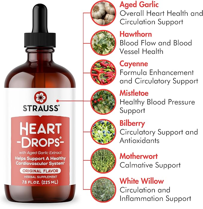 Strauss Naturals Heart Drops – Natural Mistletoe & Aged Garlic Extract Heart Health Supplement – Helps Maintain Healthy Cardiovascular System – Vegan & Non-GMO – 225 ml Bottle