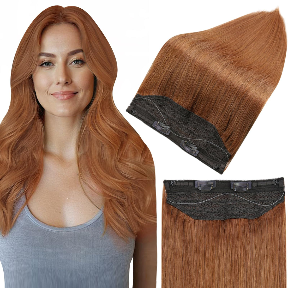 Fshine Invisible Wire Hair Extensions Copper Red Adjustable Fishing Line Hair Extensions Real Human Hair 16 Inch One Piece Clip in Extensions 100G