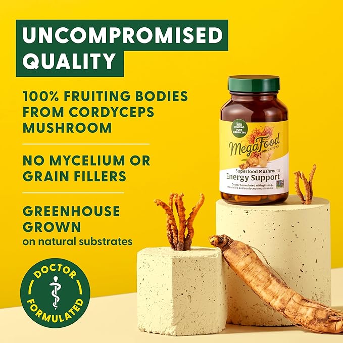 MegaFood Superfood Mushroom Energy Support - Cordyceps Mushroom Supplement with Methylated B12 Vitamins & Panax Ginseng - Doctor Formulated, Gluten-Free, Vegan - 60 Capsules, 30 Servings