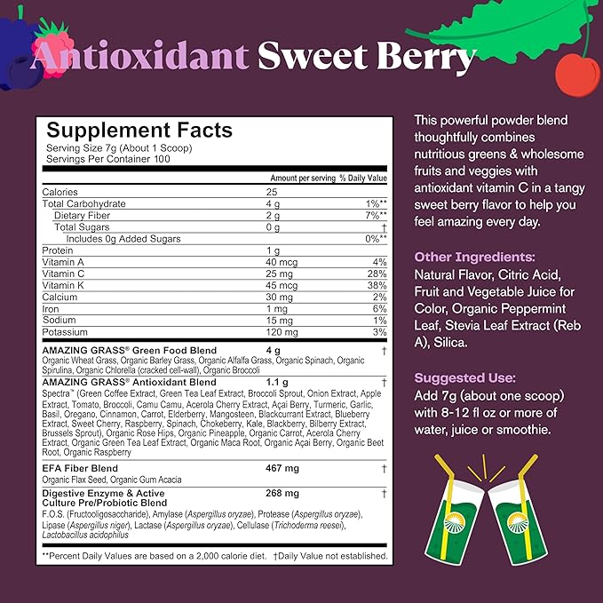 Amazing Grass Greens Superfood Antioxidant: Greens Powder with Organic Spirulina, Beet Root Powder, Elderberry & Probiotics, Sweet Berry, 100 Servings (Packaging May Vary)