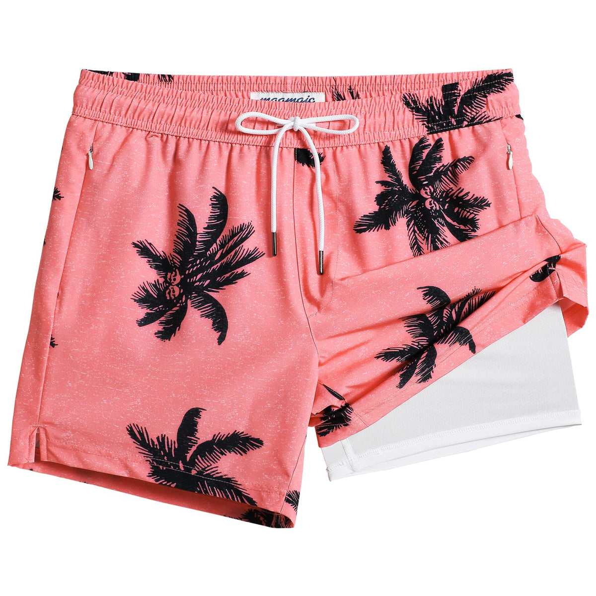 maamgic Mens Swim Trunks with Compression Liner 5" Stretch Beach Shorts Quick Dry with Zipper Pockets No-Chafing Board Shorts Pink-Palm Tree XS