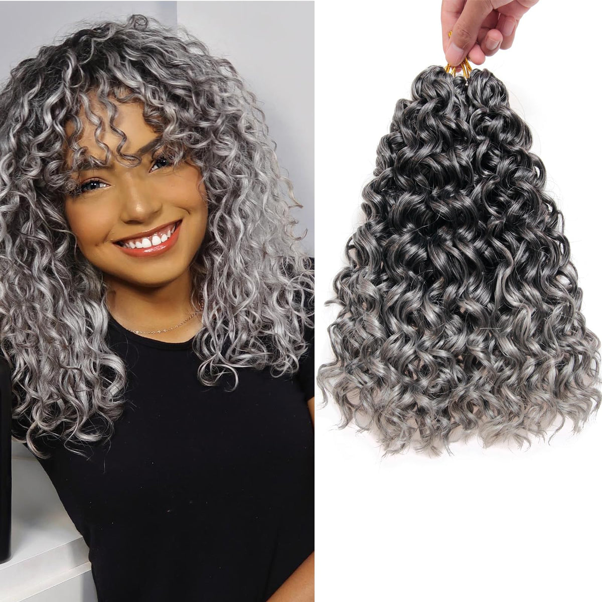 GoGo Curl Crochet Hair Water Wave Curly Crochet hair for Women Grey Synthetic Bohemian Crochet Braid Deep Wave Braiding Hair Extensions (12 inch(Pack of 6), T1B/Grey)