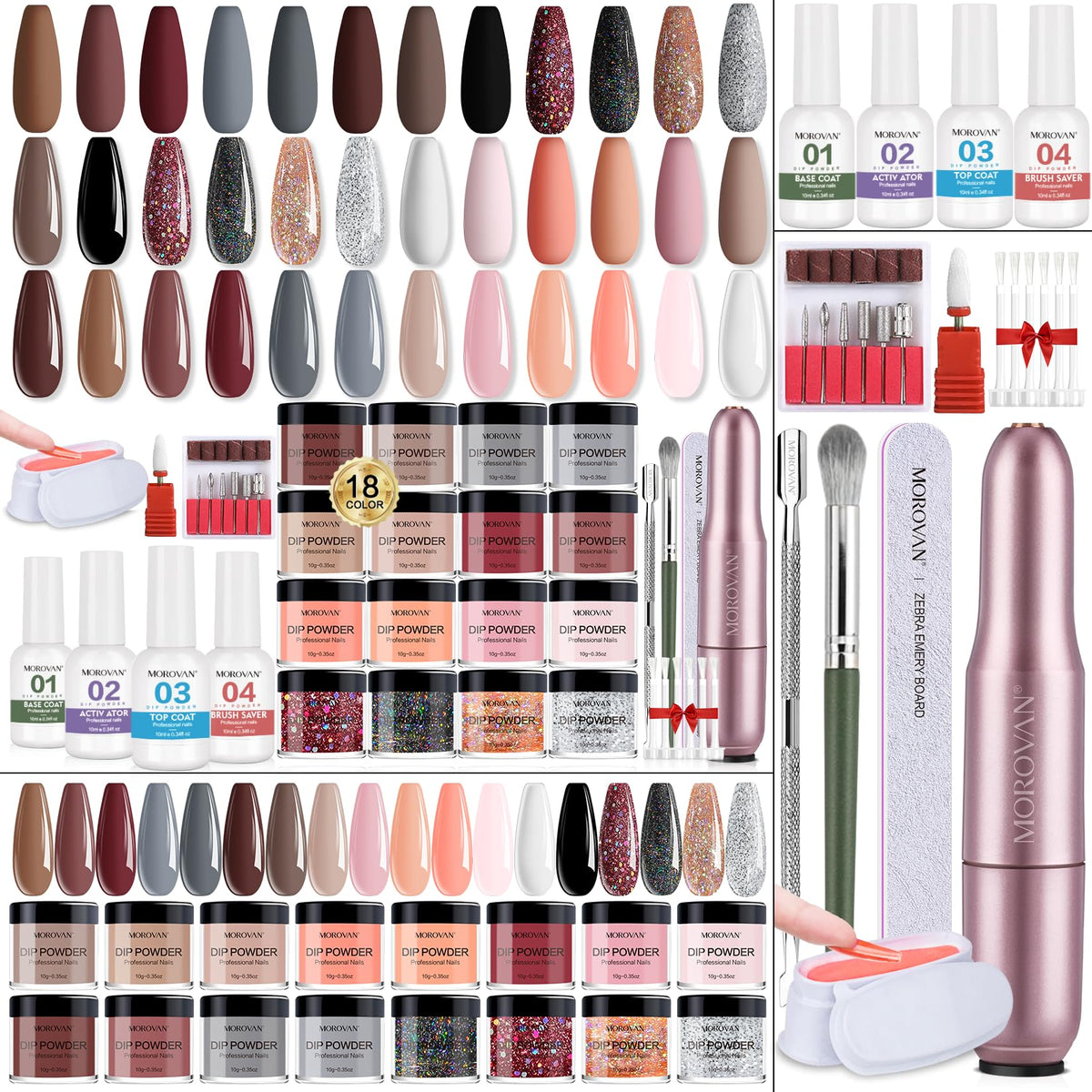Morovan Dip Powder Nail Kit: Starter Kit 54pcs Nails Dipping Powder Set 18 Colors with Electric Nail Drill
