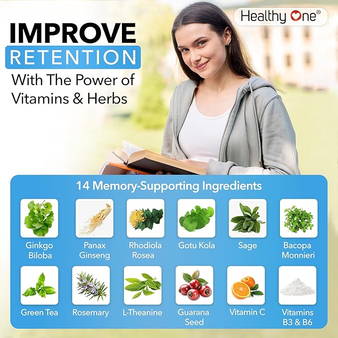 Healthy Mind - Safe for Teens - Brain Fog - Cognitive Function - Concentration - Focus - Neural Optimization - Mood - Ginkgo Biloba - Ginseng - Rhodiola - Bacopa - Gotu Kola - Green Tea - 60 Count