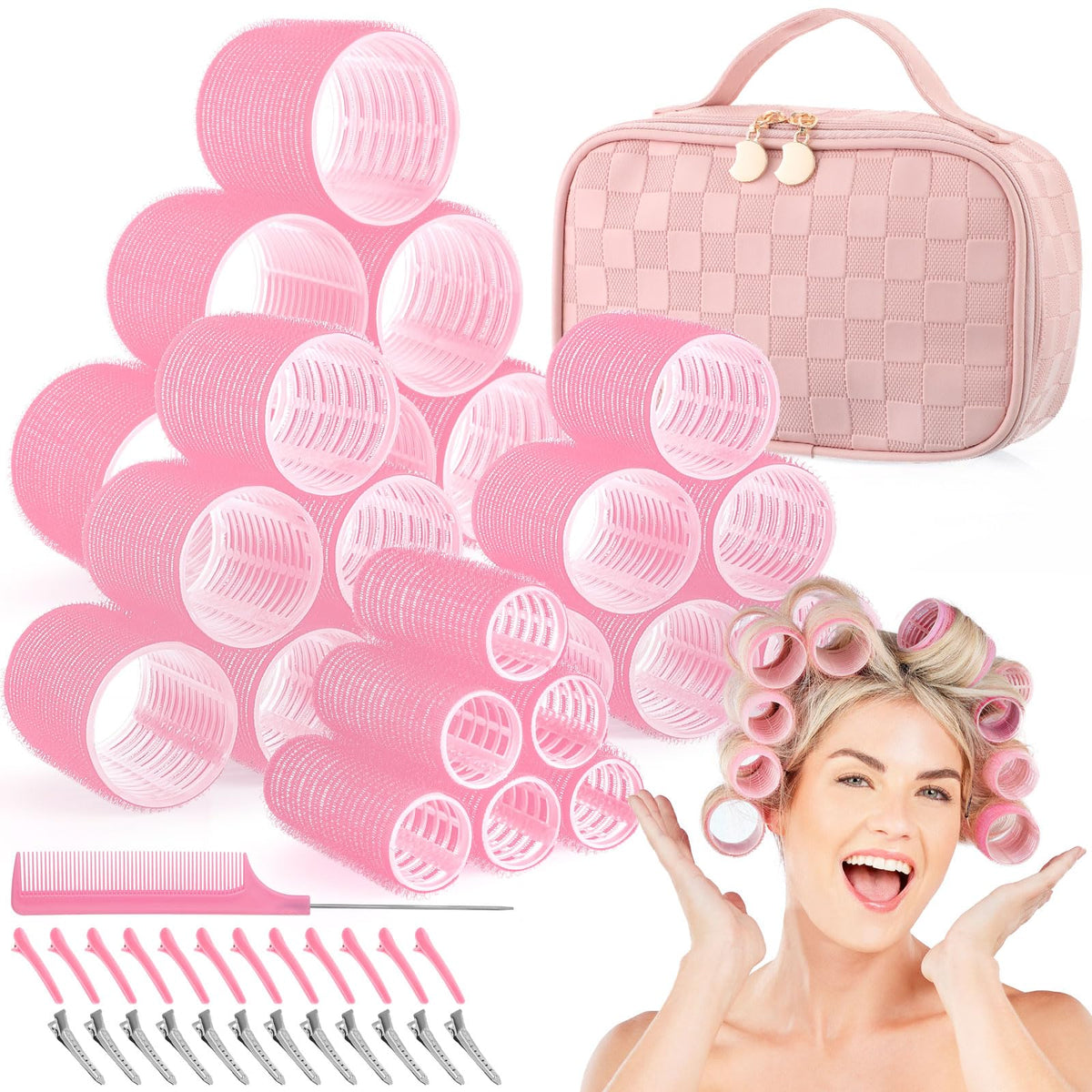Obeoby 50 Pcs in 1 Pack 4 Sizes Hair Rollers with Gift Makeup Bag, 24 Pcs Self Grip Rollers and Clips, Comb, 25/36/48/60 mm Curlers for Volume Medium Long Hair