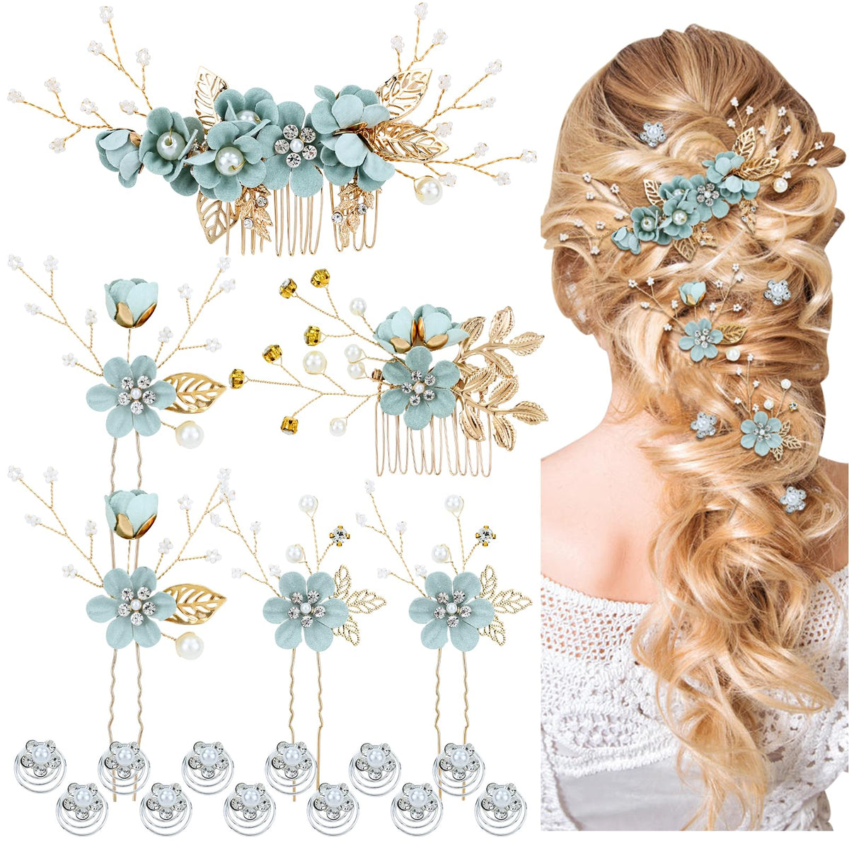 Cinaci 18 Pieces Bridal Wedding Party Prom Pearl Rhinestone Light Green Flower Hair Side Combs Slides+U-shaped Flower Hair Pins+Twist Spiral Hairpins Floral Headpieces for Brides Bridesmaids Women Gir