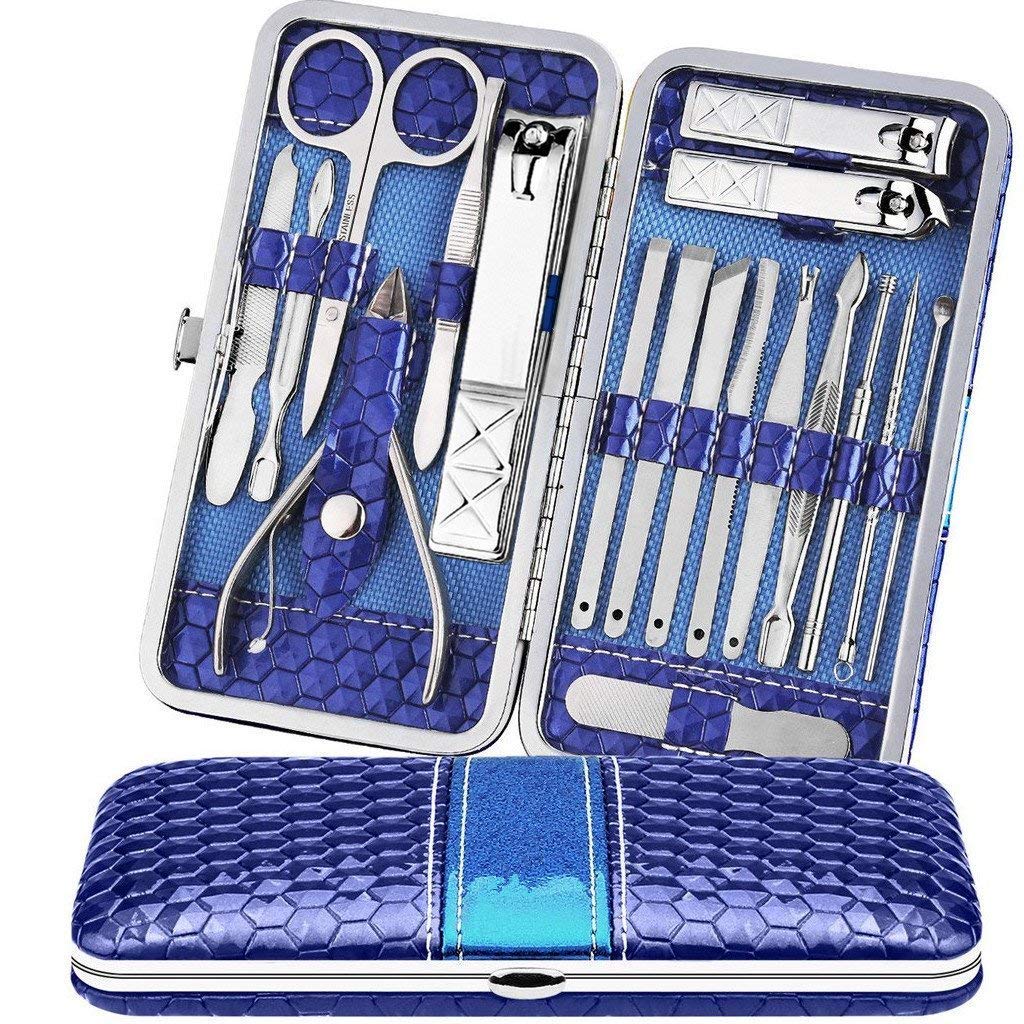 Teamkio 18pcs Manicure Set Pedicure Nail Clippers Set Travel Hygiene Kit Stainless Steel Professional Cutter Care Set Scissor Tweezers Knife Ear Pick Tools Grooming Kits with Leather Case