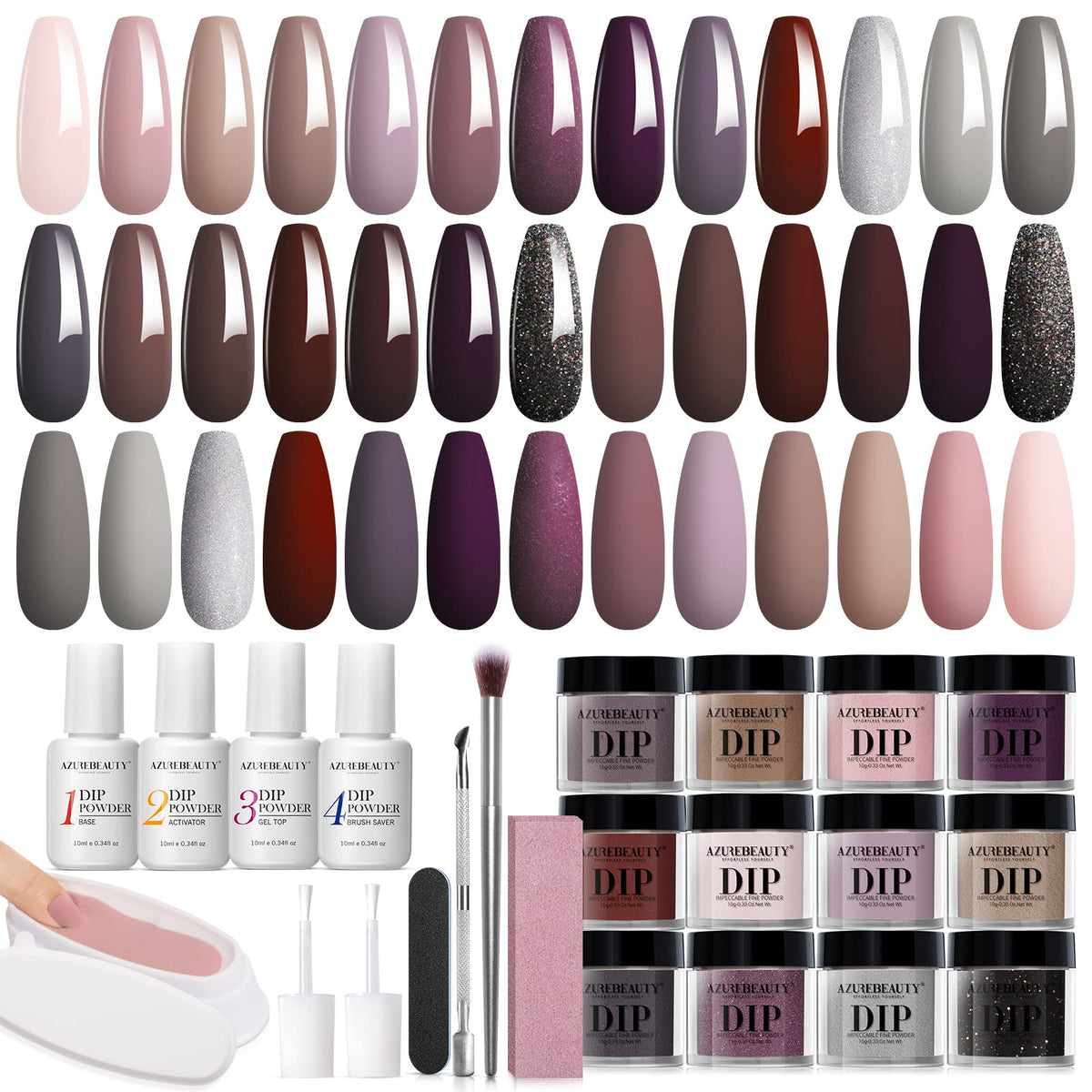 AZUREBEAUTY Dip Powder Nail Starter Kit Nude Pink Brown Grey Dipping Powder 20 Dark Light Trend Colors Recycling Tray Liquid Set Top Base Coat Activator for French Nail Art Manicure Salon