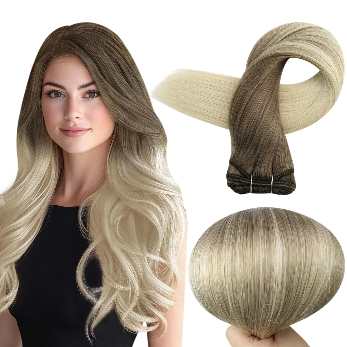 Full Shine Weft Hair Extensions Human Hair For Women Sew In Hair Extensions Straight Hair Balayage Color Ash Brown To Platinum Blonde Straight Hair Bundles Sew In Real Hair 12 Inch