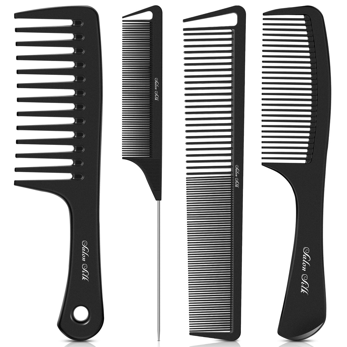 SALONSILK 4PCS Professional Comb Set, Wide Tooth Rat Tail Fine Tooth Hair Combs, Braiding Cutting Barber Styling Curly Parting Set for Men and Women