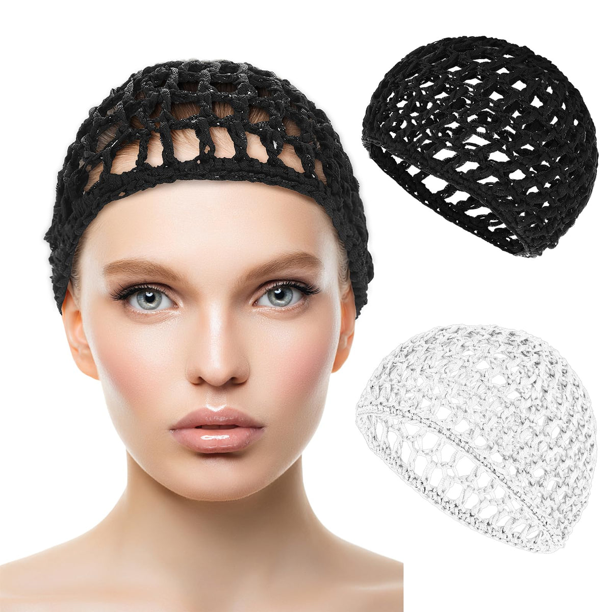 WLLHYF Net Shower Cap 2 PCS Drying Curly Hair Care Spa Hat Wrap Cover Stretchy Knit Nets Hairnet Mesh Crochet Sleep Back Bathing Sleeping Bonnet(black/white)