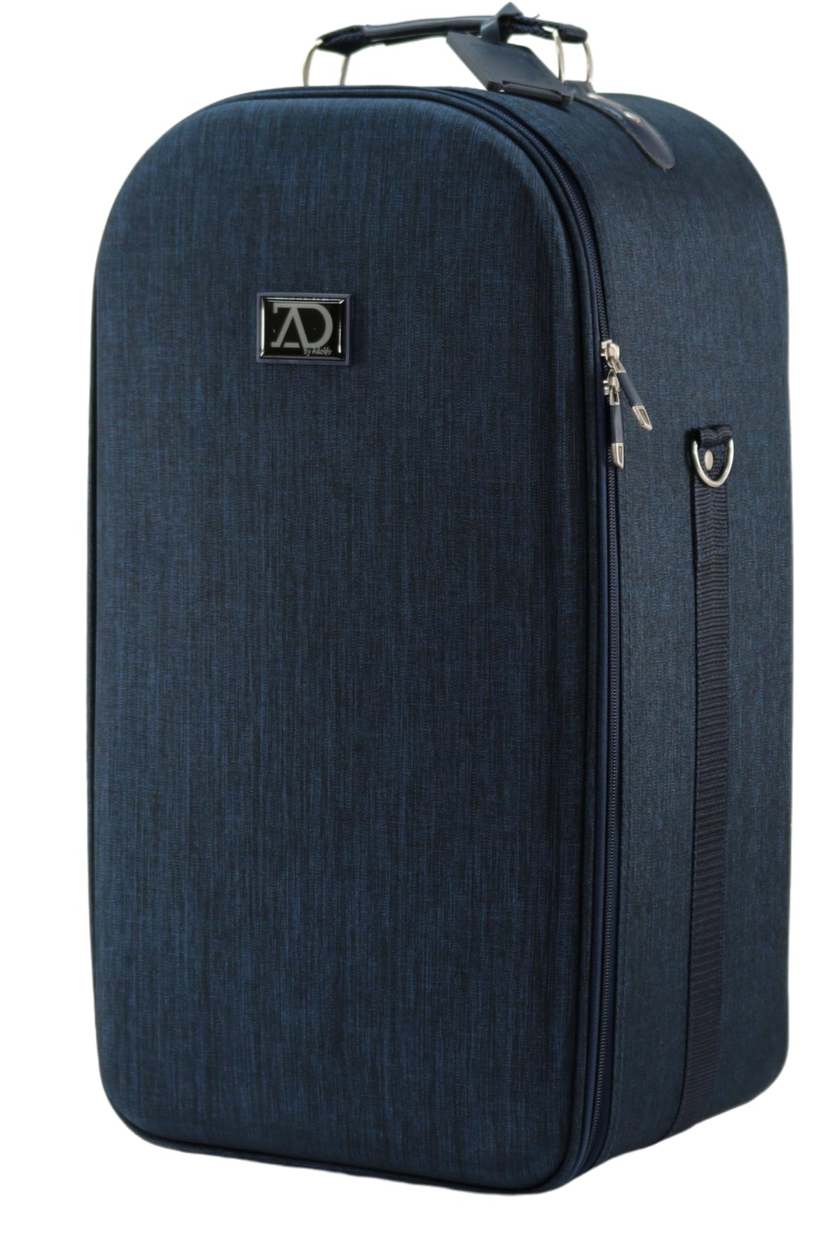Adolfo Design Extra Large Wig Travel Box with Top Handle, Shoulder Strap and Double Zipper, Carrying Case with Removable Head-Holding Base - (Denim Navy) Design