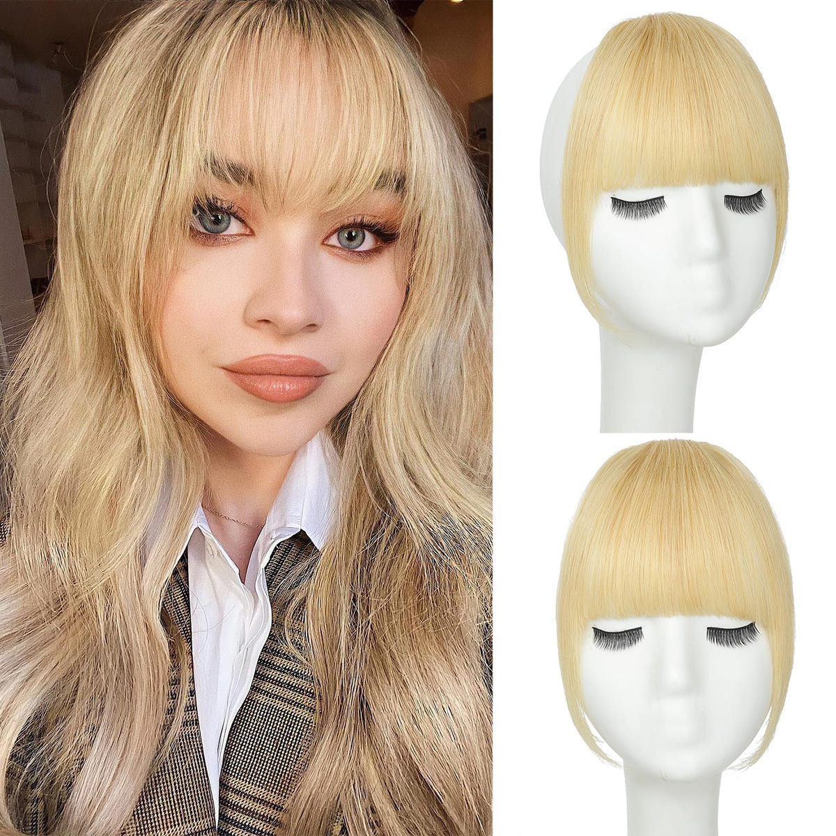 Leelebamo Clip in Bangs 100% Real Human Hair, Fake Bangs Clip on Bangs for Women, Blonde French Bangs Clip in Hair Extensions for Daily Wear (Blonde, French Bangs)