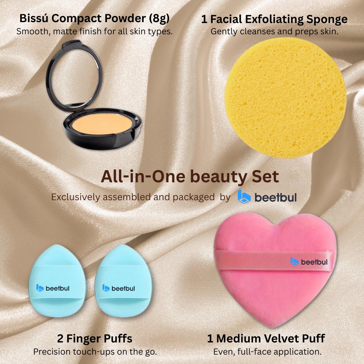 Beetbul Makeup & Exfoliation Kit - Bissú Compact Powder + 1 Medium Velvet Puff + 2 Finger Puffs + 1 Facial Exfoliating Sponge (07 Caramel, One Size)