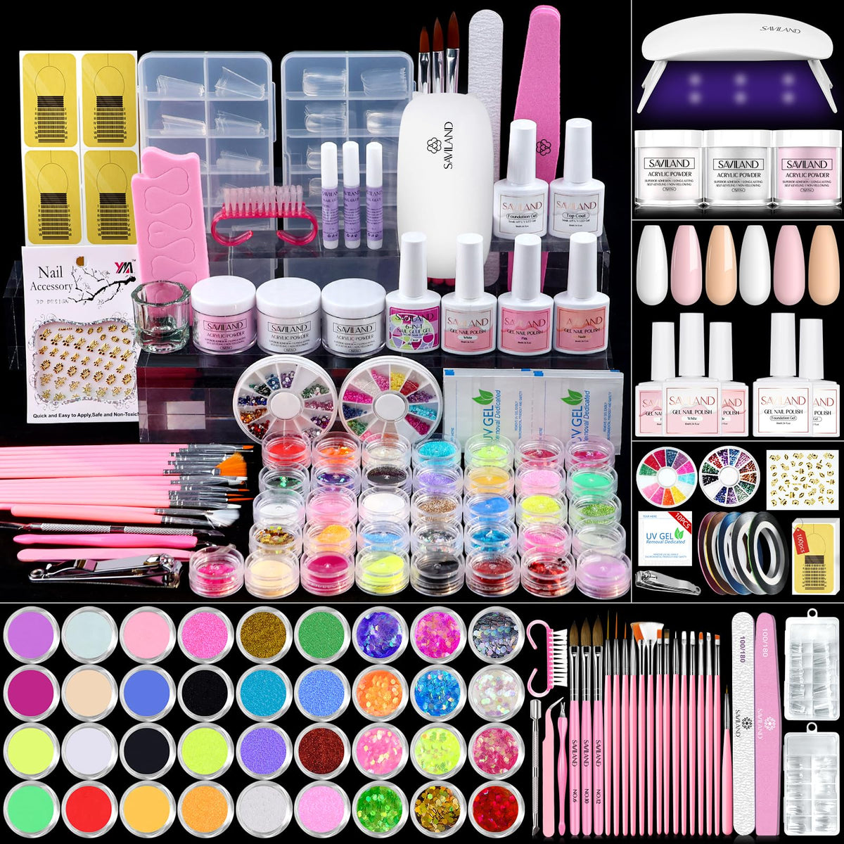SAVILAND Acrylic Nail Kit for Beginners - Nails Kit Acrylic Set with Mini Nail Lamp Nail Kit Set Professional Acrylic with Everything Acrylic Starters Kit for DIY Nail Extension