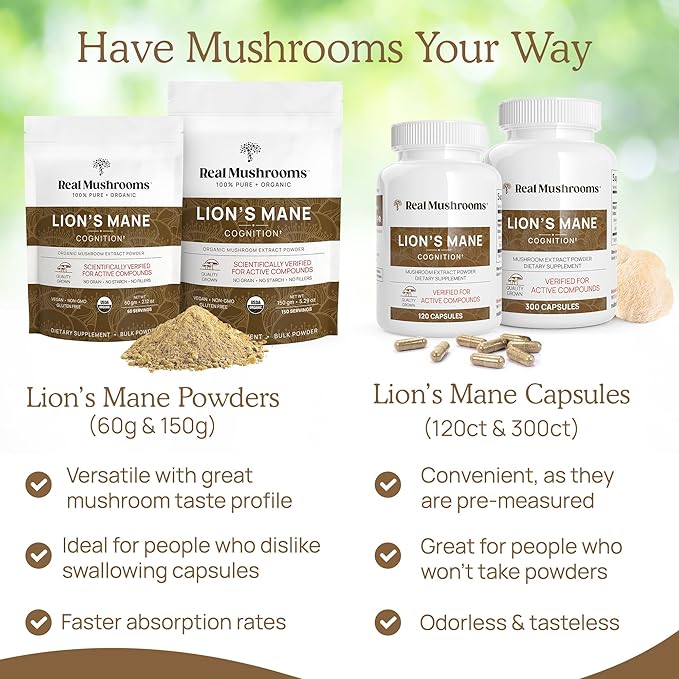 Lions Mane Mushroom Cognition (120 Capsules) Lions Mane Mushroom Powder Extract Capsules | Brain Supplement, Brain Vitamins, Focus Supplement