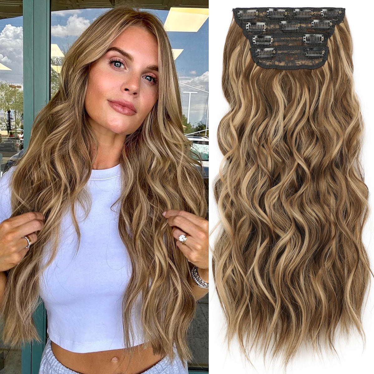 KooKaStyle Hair Extensions Medium Brown mix Caramel Blonde Clip in Synthetic Highlight Hair Extensions Long Wavy 4PCS Thick Hairpieces 20 Inch for Women
