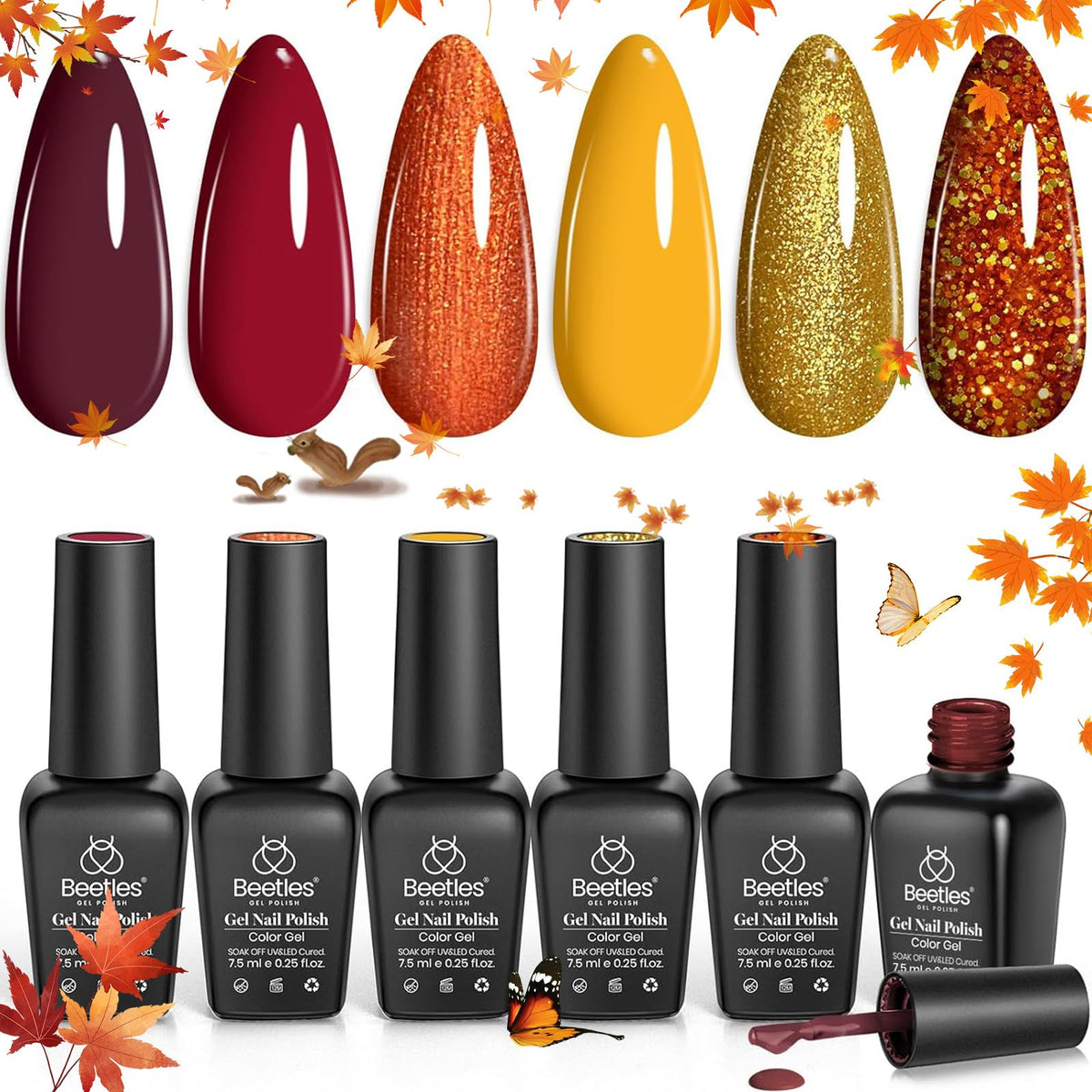 beetles Gel Nail Polish Set 6 Fall Colors Gel Nail Polish Burgundy Yellow Glitter Orange Gold Nail Polish UV LED Nail Lamp Nail Polish Home DIY Manicure Nail Art