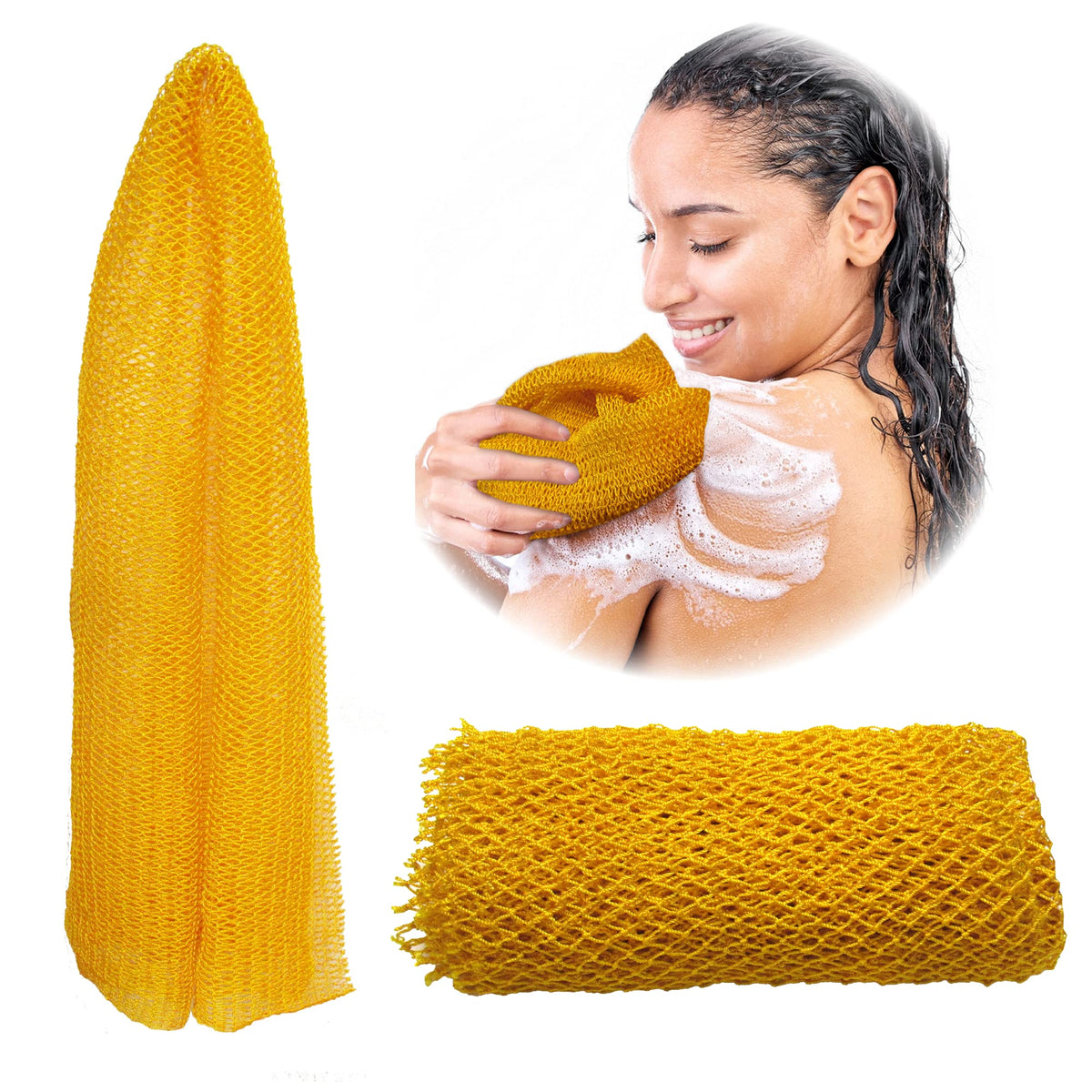 Adeton Sapo African Net Sponge, Authentic, Real, Exfoliating Bath Wash Cloth, Body Exfoliator, Long Sponge, Real, Shower Bath Accessories, Back Foot Scalp Scrub, Flat Dead Skin Remover (Golden Yellow)