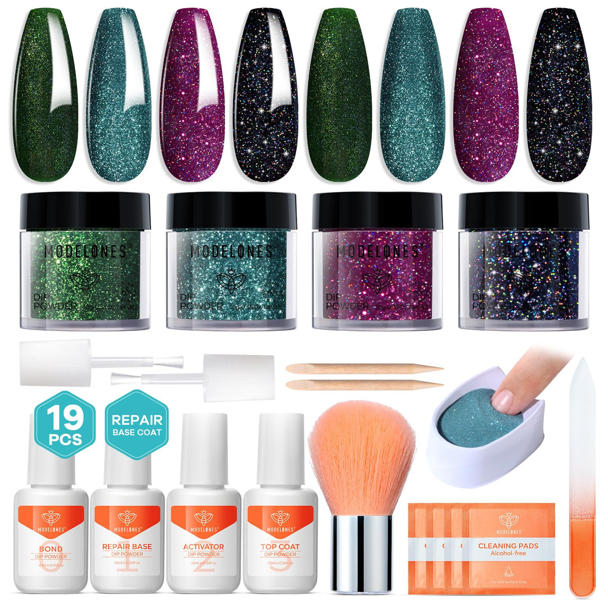 Modelones Dip Powder Nail Kit, 4 Colors Black Green Blue Purple Glitter Dipping Starter Set with Liquid and Accessories for French Nails Art Salon DIY at Home Manicure