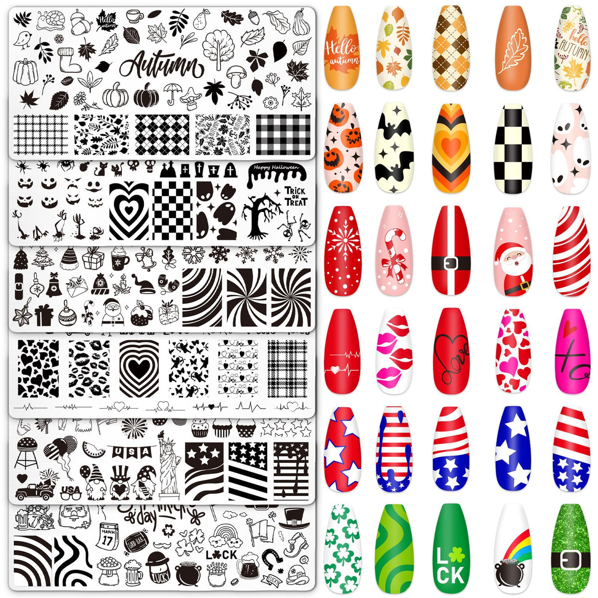 Whaline 6Pcs All Holiday Nail Art Plates Valentines StampTemplates Set Winter Christmas Fall Nail Plates Stamping for Xmas DIY Print Manicure Salon Design Gift