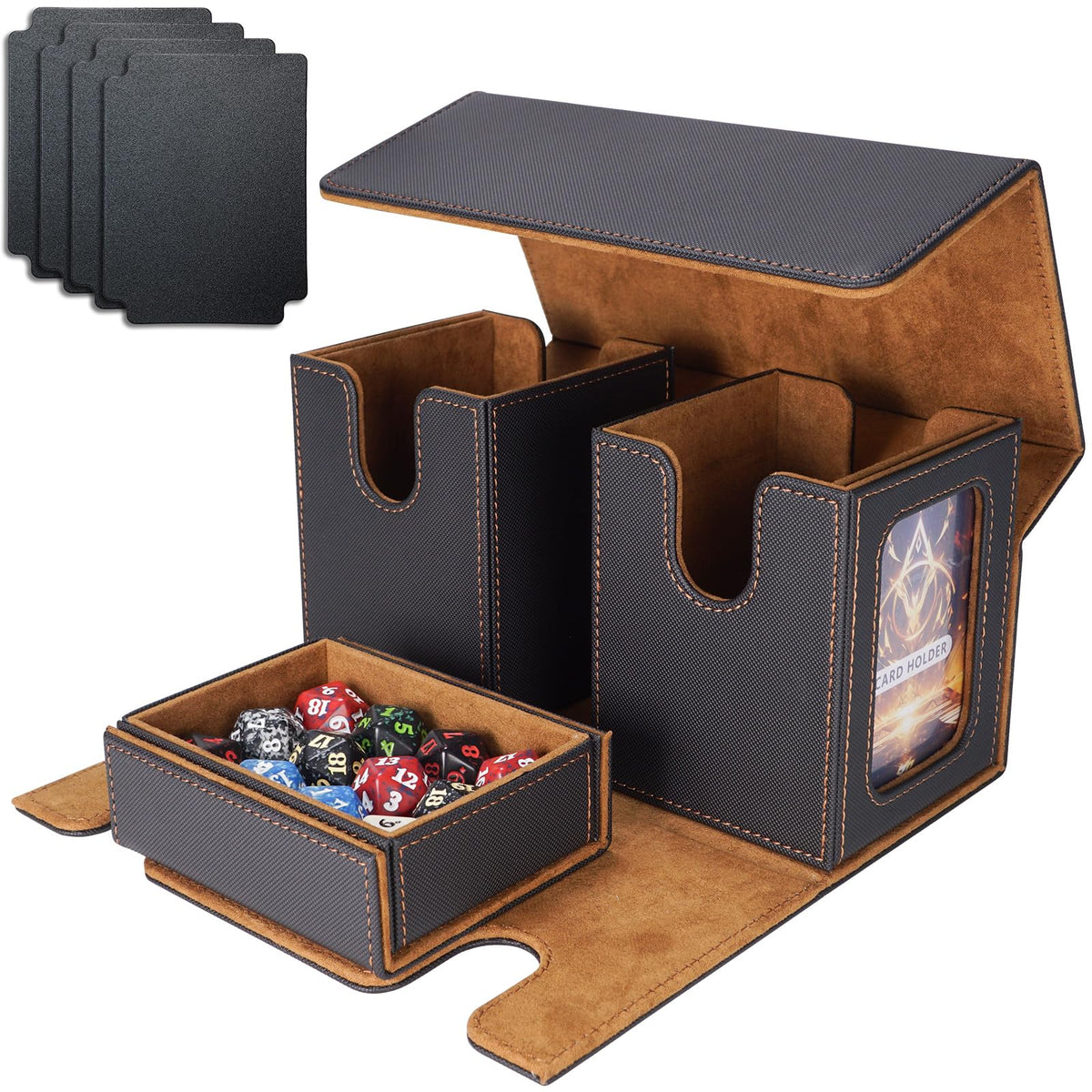 AFIING Mtg deck box with commander display- Fits 200 Double Sleeved Cards,3-in-1Card Deck Case,Strong Magnet Card Organizer For Magic Commander TCG CCG,4Dividers &2 Toploaders, Black/Gold