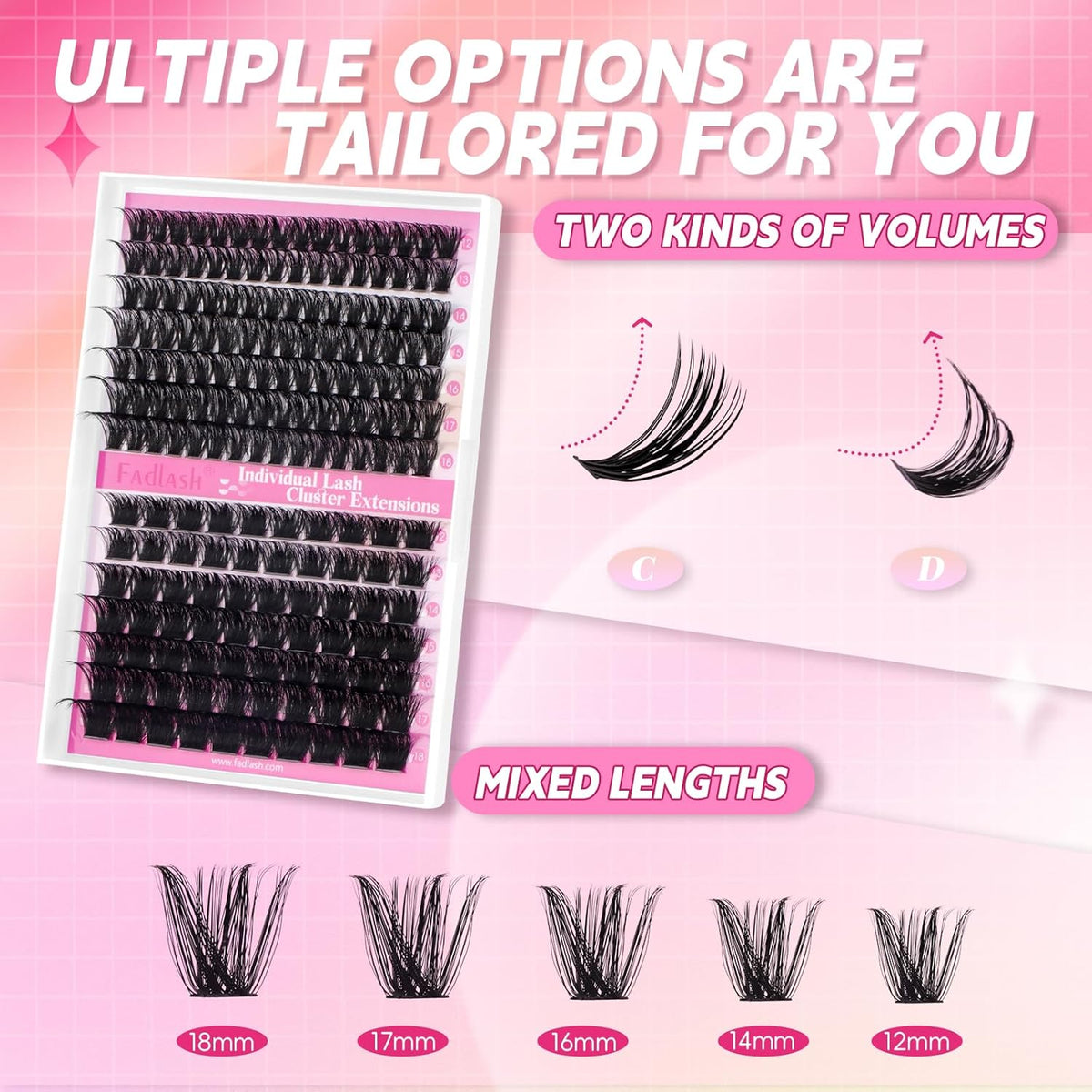 FADLASH Cluster Lashes D Curl Wispy Individual Lashes DIY Eyelash Extension Natural Look Reusable Fluffy Cluster Eyelash Extensions Self Application at Home (100D+200D-0.07D-12-18MIX)