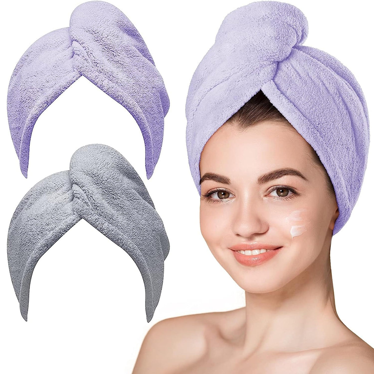 Hicober Microfiber Hair Towel, 2Packs Hair Turbans for Wet Hair, Drying Hair Wrap Towels for Curly Hair Women Anti Frizz (Purple,Grey)