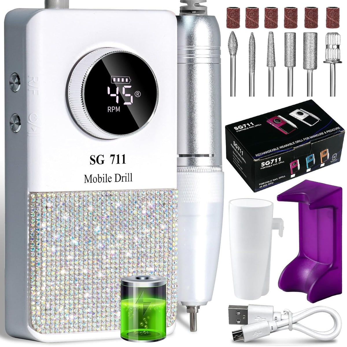 Professional Electric Cordless Nail Drill File:Glitter Portable Cordless E-File Nail Drill Kit with13 Drill Bits 45000RPM Rechargeable Nail Drills Machine for Acrylic Nails Gel Polishing (White)