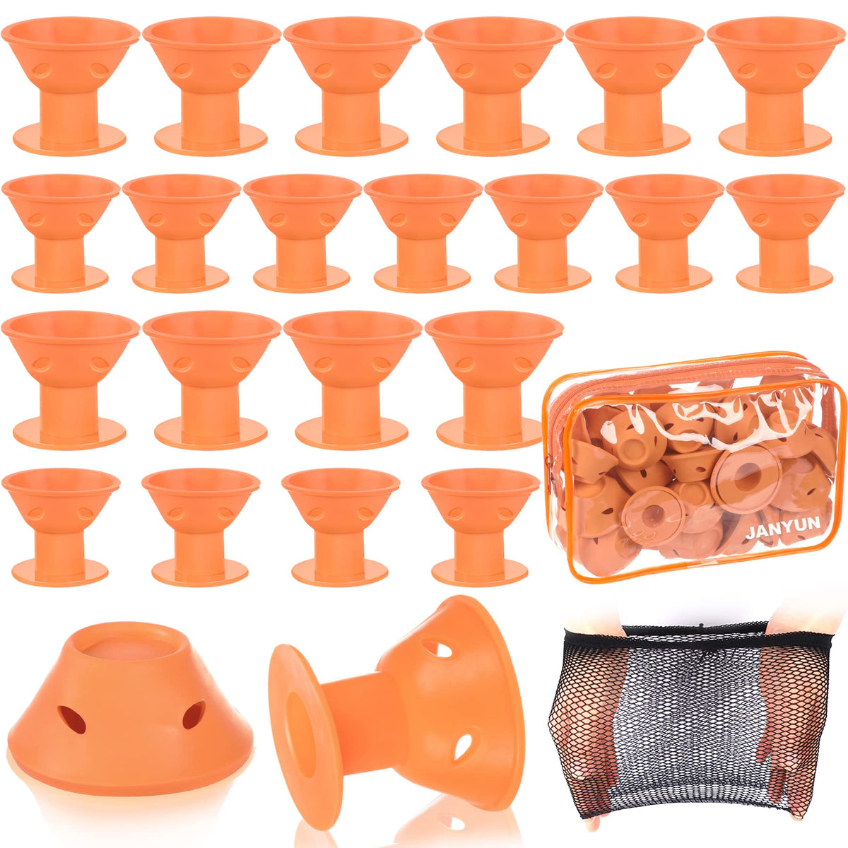 JANYUN 40 Pcs Orange Magic Silicone Hair Rollers Include 20pcs Large Silicone Curlers 20pcs Heatless Small Hair Curlers (Orange)