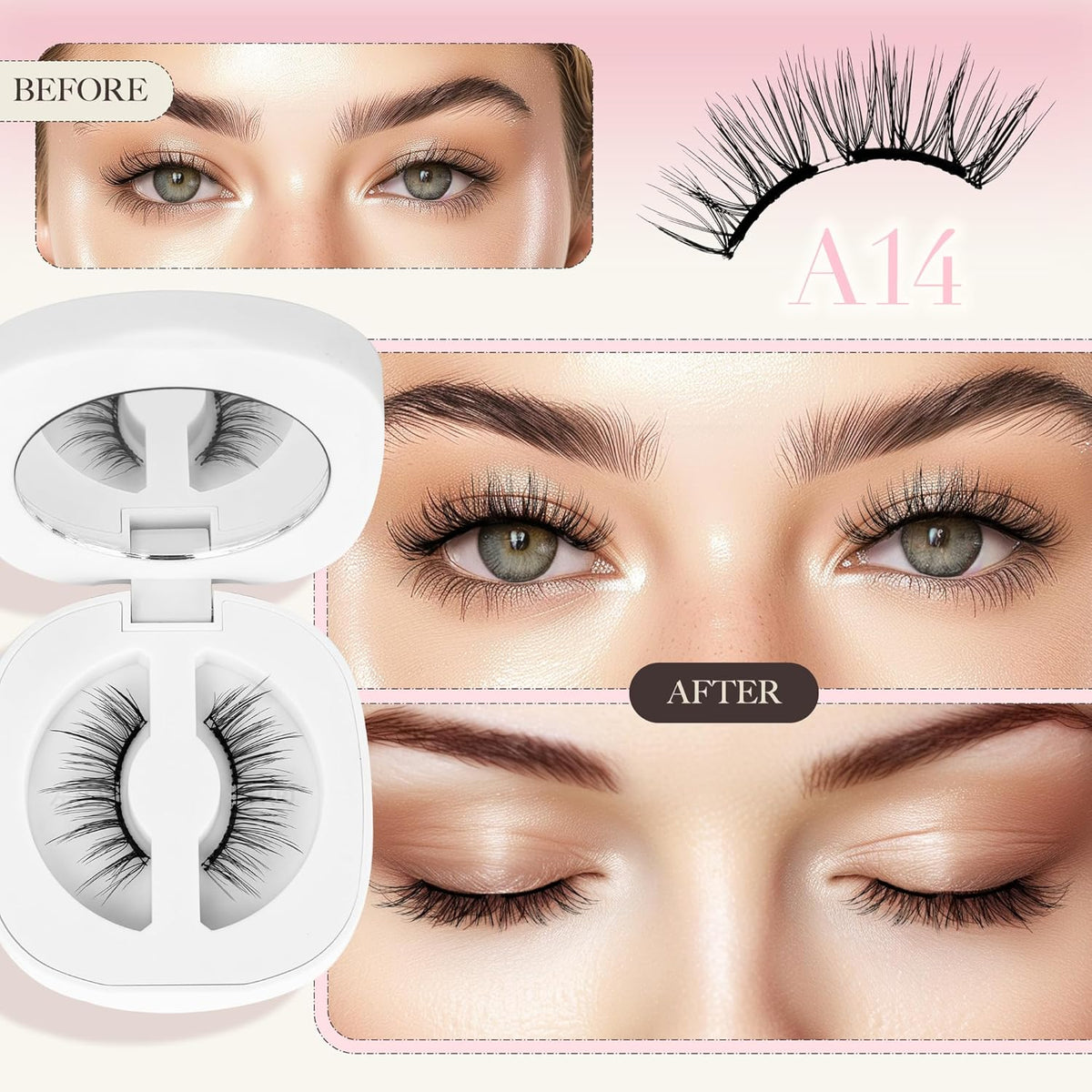 LASHVIEW Upgrade Magnetic Eyelashes with Applicator,Reusable Soft Natural Look, No Glue Needed Magnetic Eyelashes Lashes Kit,Easy to Wear and Remove A14