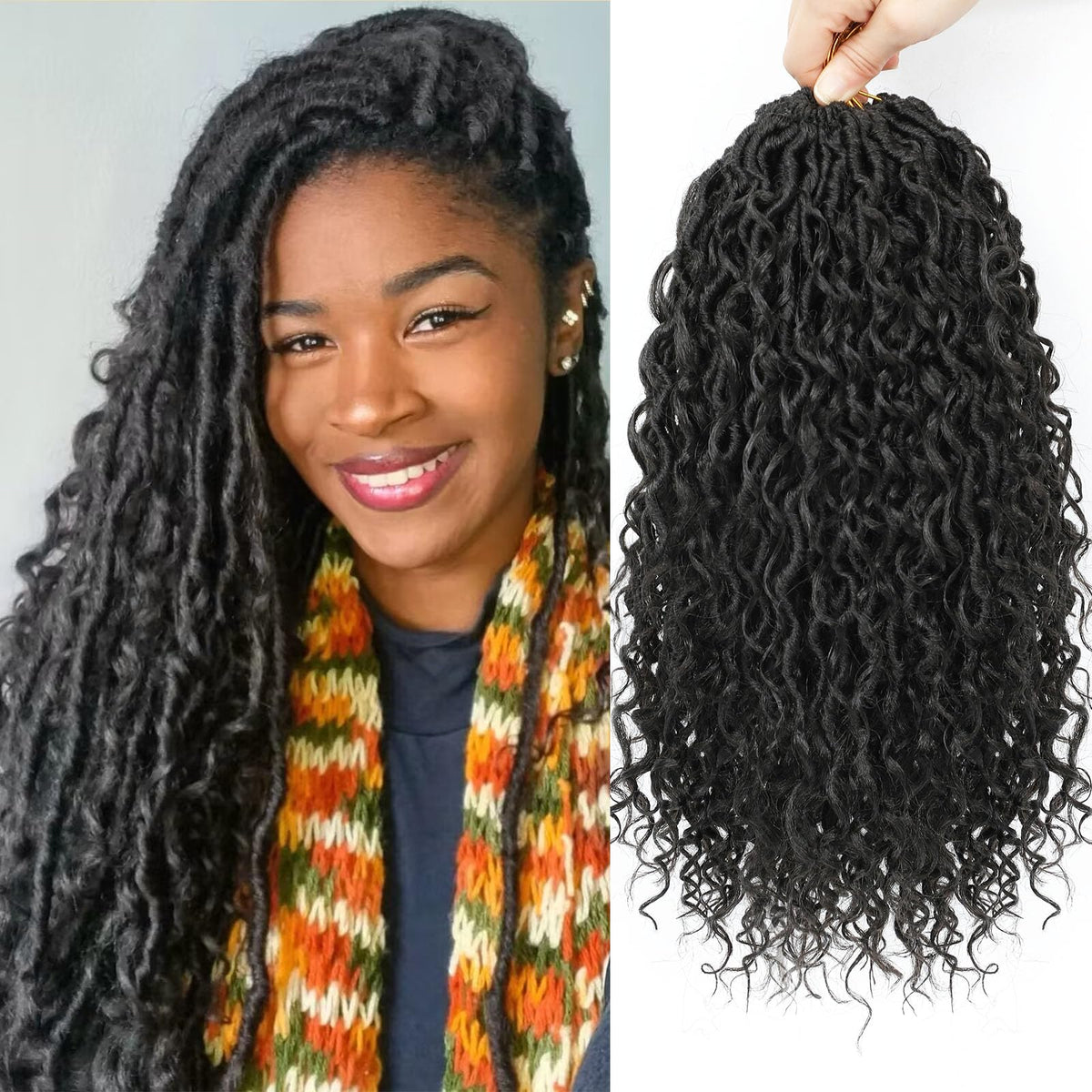 Col Bling Goddess Locs Crochet Hair 14 Inch 8 Packs Faux Locs Crochet Hair for Women Pre Looped Crochet Boho Goddess Faux Locs Crotchet Hair with Curly Ends #2
