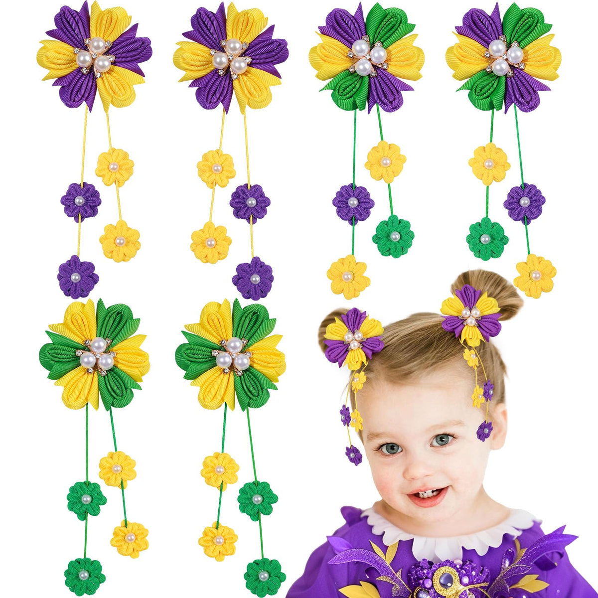 OAOLEER 6PCS Mardi Gras Hair Bows for Girls, Flower Hair Accessories for Girls Grosgrain Ribbon Bows With Alligator Clips Girl Hair Accessories for Kids Teen (Flower Bows-Mardi Gras)