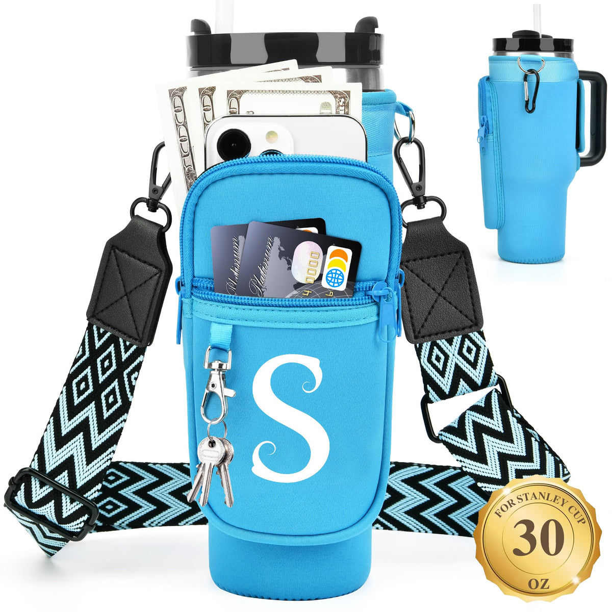 LOKASS Initial Water Bottle Holder with Upgrade Canvas Strap for Stanley 30 oz Tumbler, Gift for Mom Mother's Day Day gifts with Phone Pocket, Personalized Accessories for Stanley Cup, Blue - S