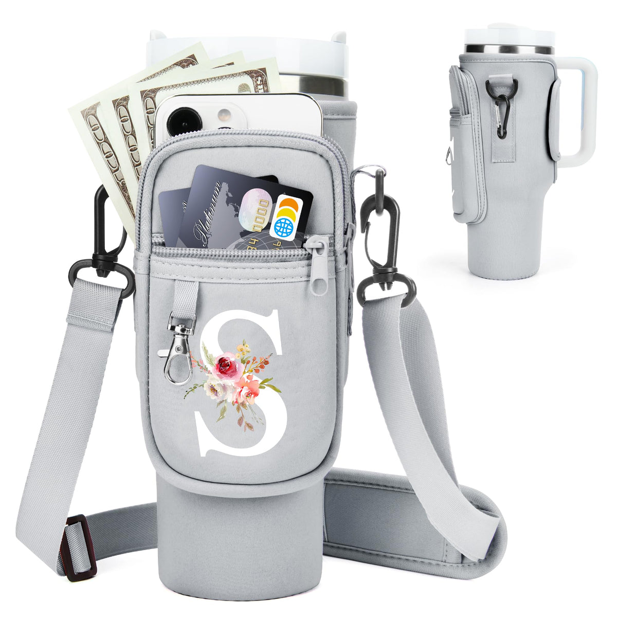 Initial Water Bottle Holder with Strap for Stanley 40 oz Tumbler/Simple Modern 40 oz Tumbler,Water Bottle Carrier Bag with Strap,Personalized A-Z Phone Pocket for Stanley Cup Accessories