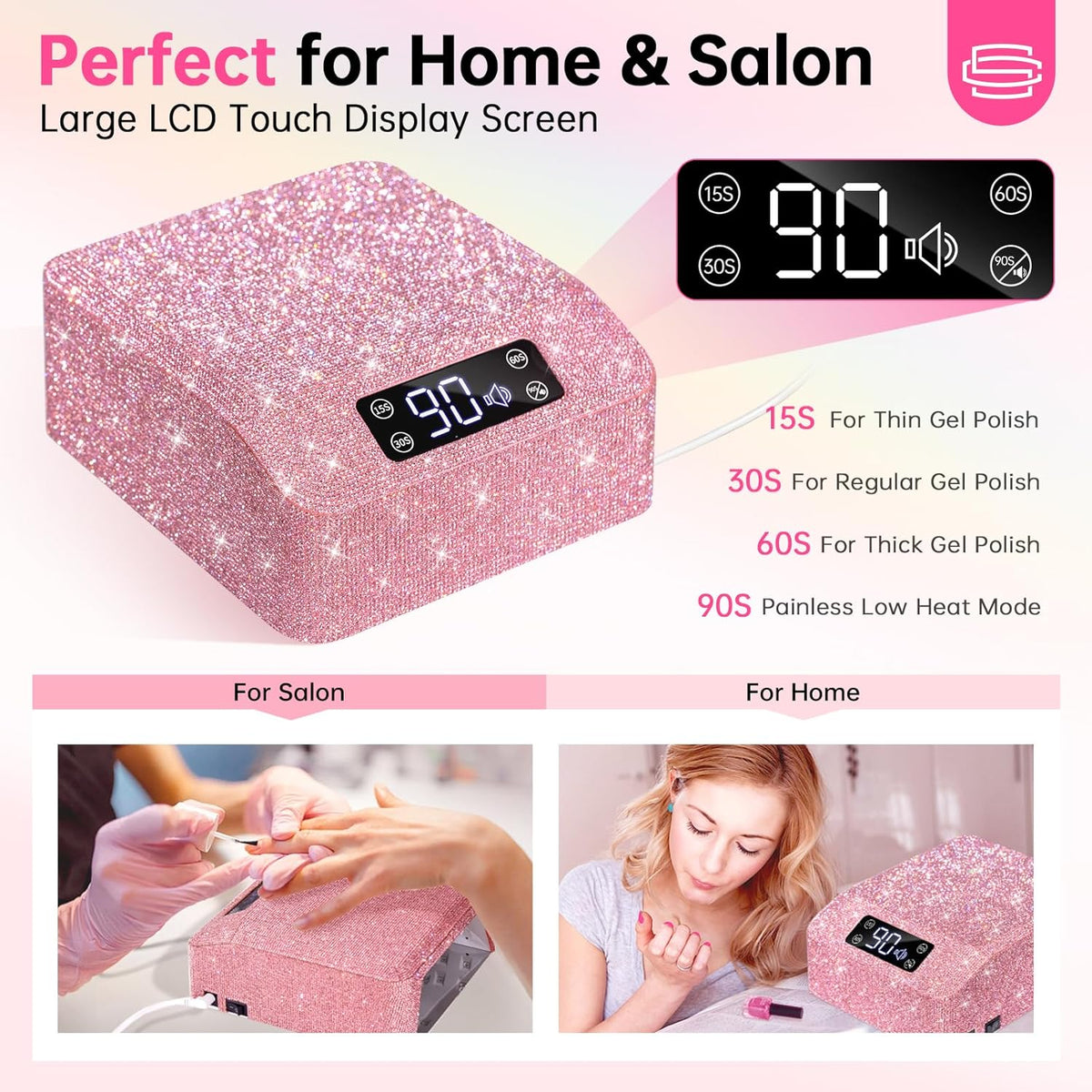 UV LED Nail Lamp 96W Plug-in Nail Dryer Sparkly Gel Polish Light 4 Timer Setting Professional Quick Dry Curing Lamp with Display Auto Sensor for Salon & Home