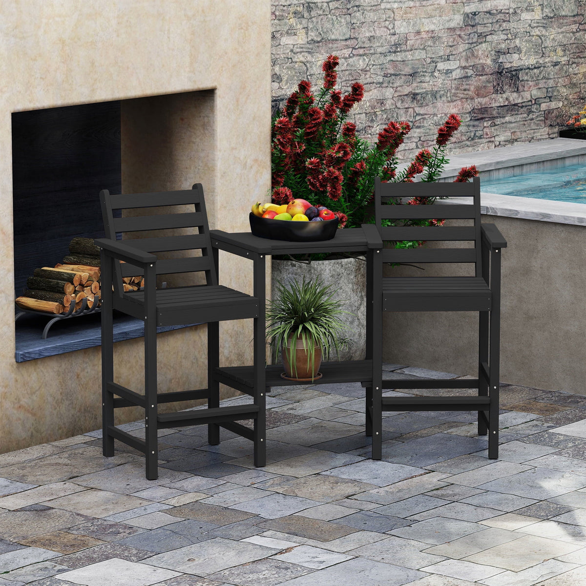 AreShark HDPE Tall Adirondack Chair Set with Removable Double Trays (Set of 2) Black