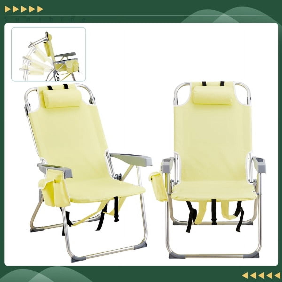 63*70*99cm Heightened Oxford Cloth Silver White Aluminum Tube Bearing 100kg Beach Chair with Cup Holder Storage Pouches Yellow