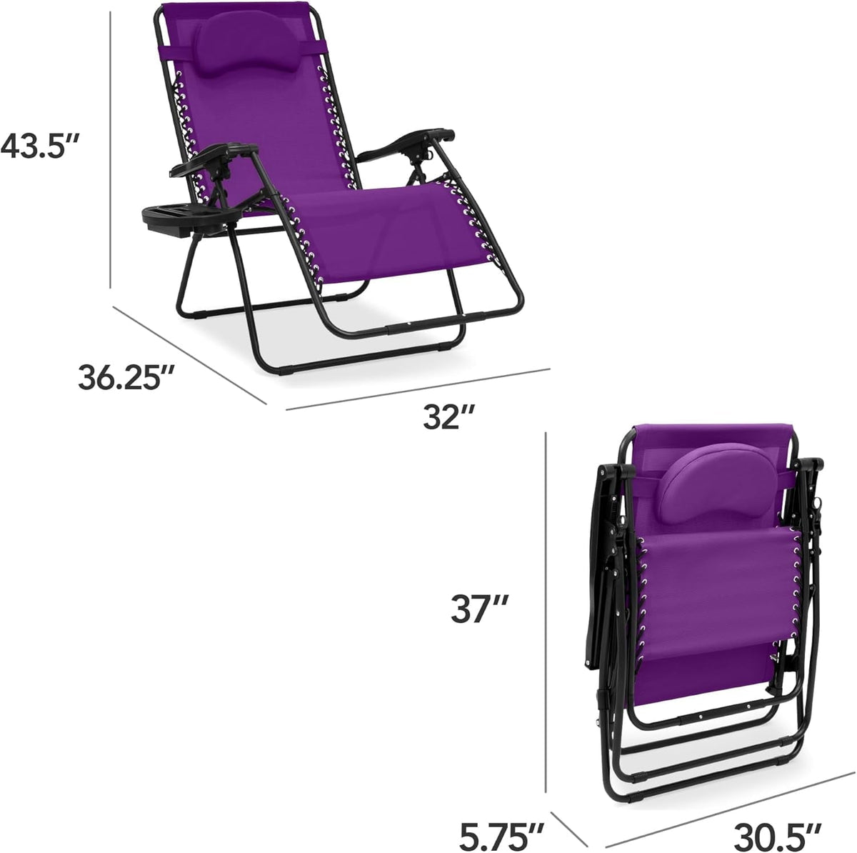 ZDOOR Oversized Zero Gravity Chair, Folding Outdoor Patio Lounge Recliner w/Cup Holder Accessory Tray, Pillow - Amethyst Purple