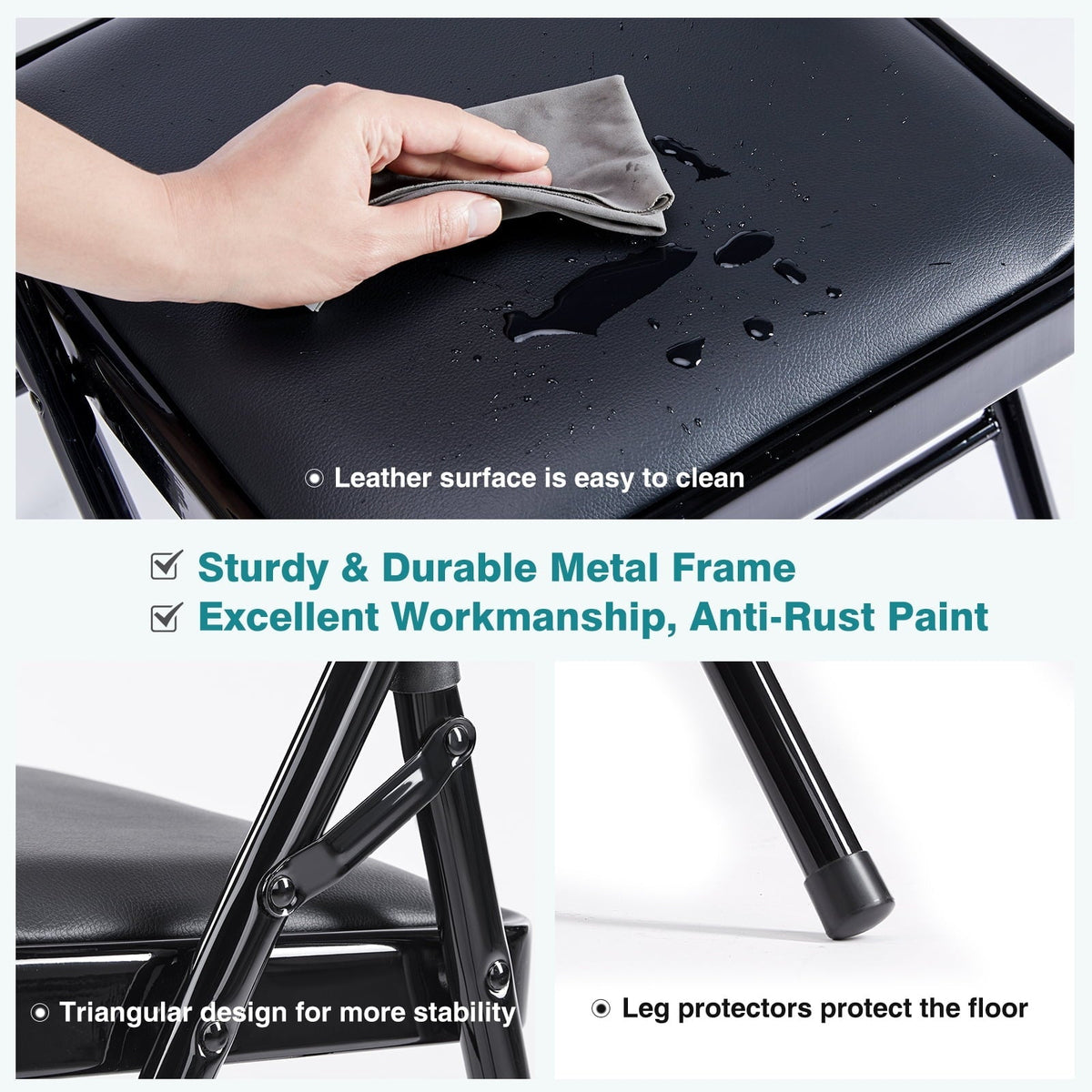 2-Pack/4-Pack Folding Chairs with Padded Seat & Backrest, Heavy-Duty Metal Frame, Portable & Space-Saving, Comfortable PU Leather for Indoor Outdoor, Office, Party, Wedding, Events – Black/Khaki