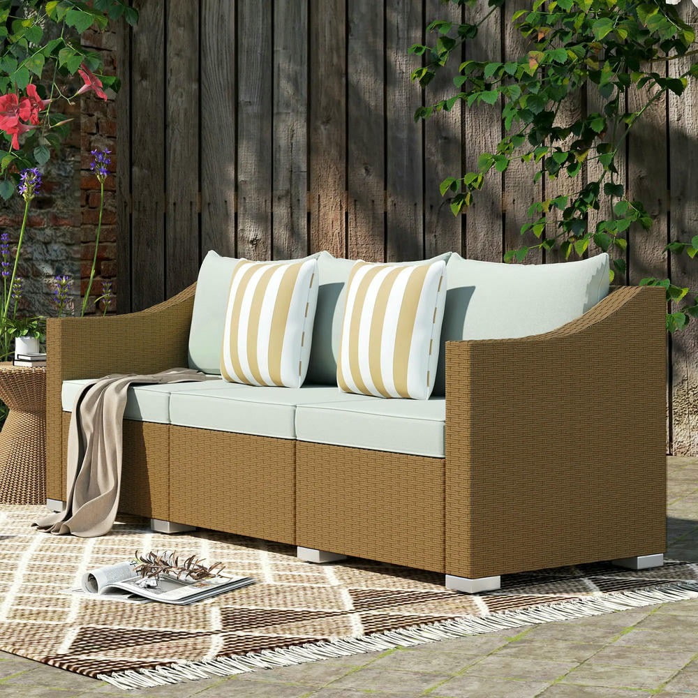 YYAo Patio Couch, Outdoor Sofa,Rattan Wicker 3 Seater Patio Couch with Cushions, 2 Throw Pillows, Outdoor Furniture Rattan Sofa, Light Gray