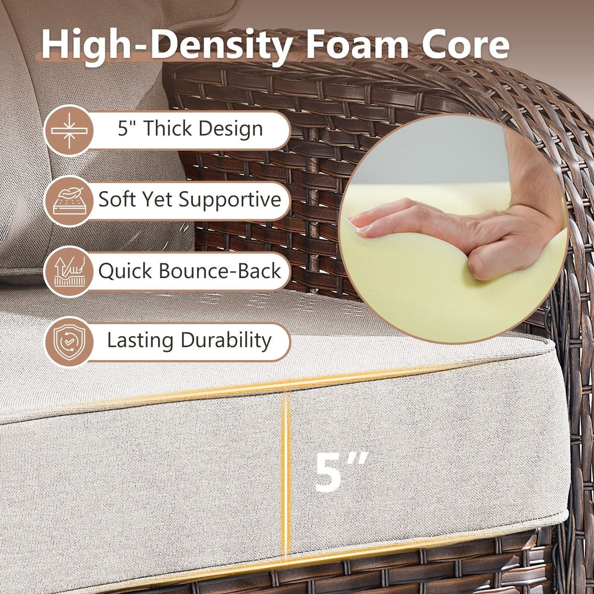 OPOHORO Outdoor Glider Chairs Set of 2, Brown Wicker Patio Furniture Swivel Rockers with T Shape-Back Cushions and 5" Thick Foam, Ideal for Porch and Yard, Beige
